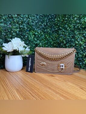 Karl Lagerfeld Taupe Crossbody Bag with Gold Studs & Chain